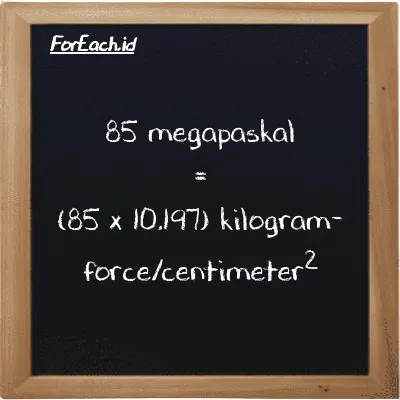 Cara konversi megapaskal ke kilogram-force/centimeter<sup>2</sup> (MPa ke kgf/cm<sup>2</sup>): 85 megapaskal (MPa) setara dengan 85 dikalikan dengan 10.197 kilogram-force/centimeter<sup>2</sup> (kgf/cm<sup>2</sup>)